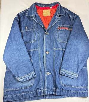 Vintage Esprit wild west Denim Chore Jacket Size L Blue Red Quilted Lined